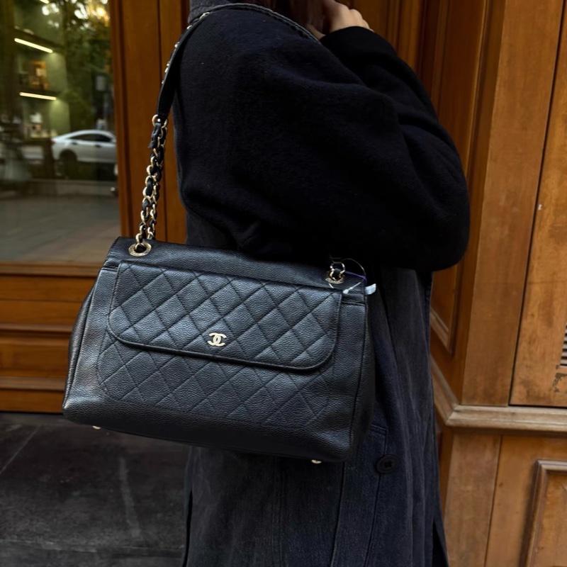 99新全配❤️23公分✅香奈兒 #黑金 #荔枝皮 #雙面 #托特 郵差包-2