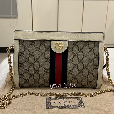 GUCCI 古馳 503877 經典Ophidia系列GG LOGO織帶皮革磁釦 斜背包 鏈條包 白 正品 二手精品
