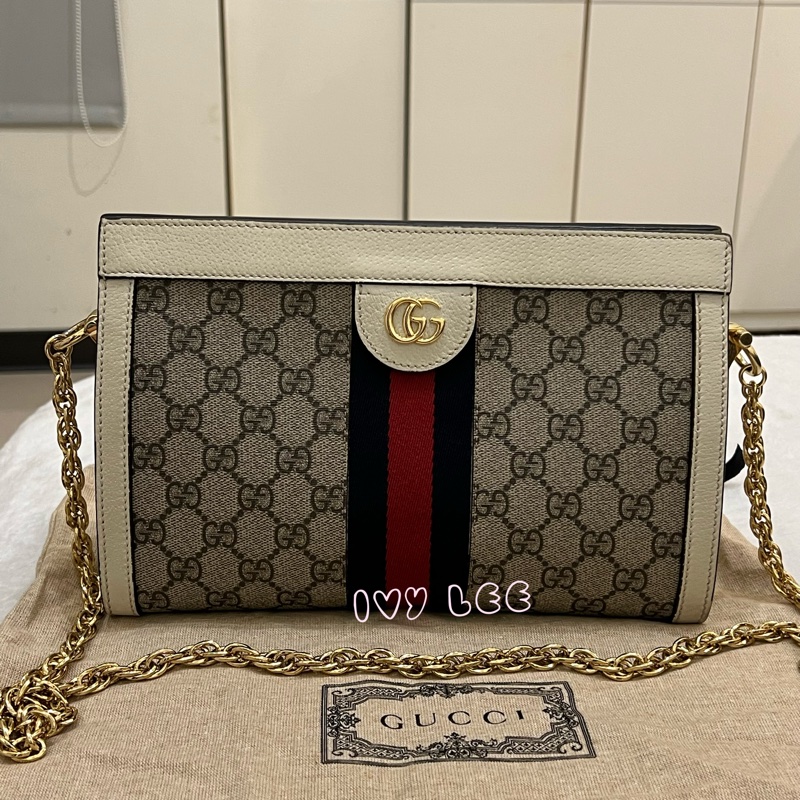 GUCCI 古馳 503877 經典Ophidia系列GG LOGO織帶皮革磁釦 斜背包 鏈條包 白 正品 二手精品-0