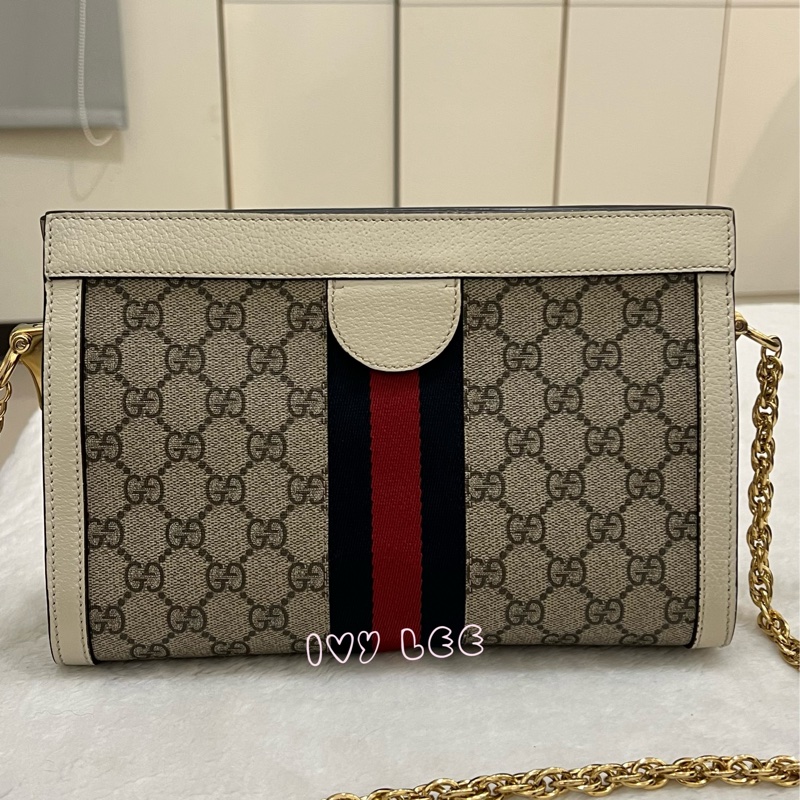 GUCCI 古馳 503877 經典Ophidia系列GG LOGO織帶皮革磁釦 斜背包 鏈條包 白 正品 二手精品-1