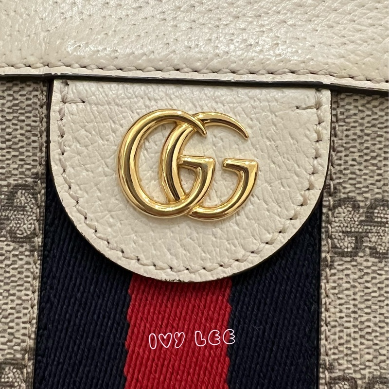 GUCCI 古馳 503877 經典Ophidia系列GG LOGO織帶皮革磁釦 斜背包 鏈條包 白 正品 二手精品-4