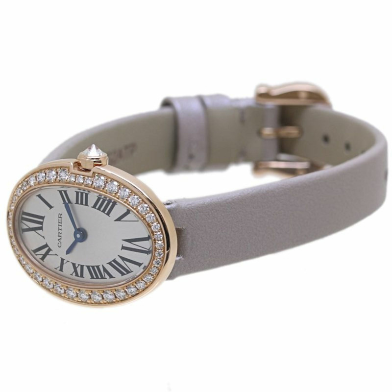 卡地亞 Cartier Mini Baignoire 女士腕錶，鑲鑽錶圈，18K 白金錶殼，皮革錶帶，型號 40168-2