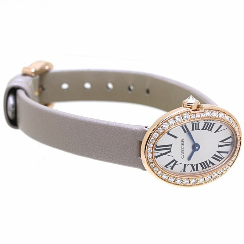 卡地亞 Cartier Mini Baignoire 女士腕錶，鑲鑽錶圈，18K 白金錶殼，皮革錶帶，型號 40168-5