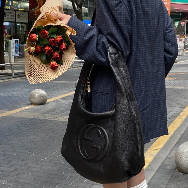 Gucci古馳 黑色全皮soho流蘇Hobo和尚包-7