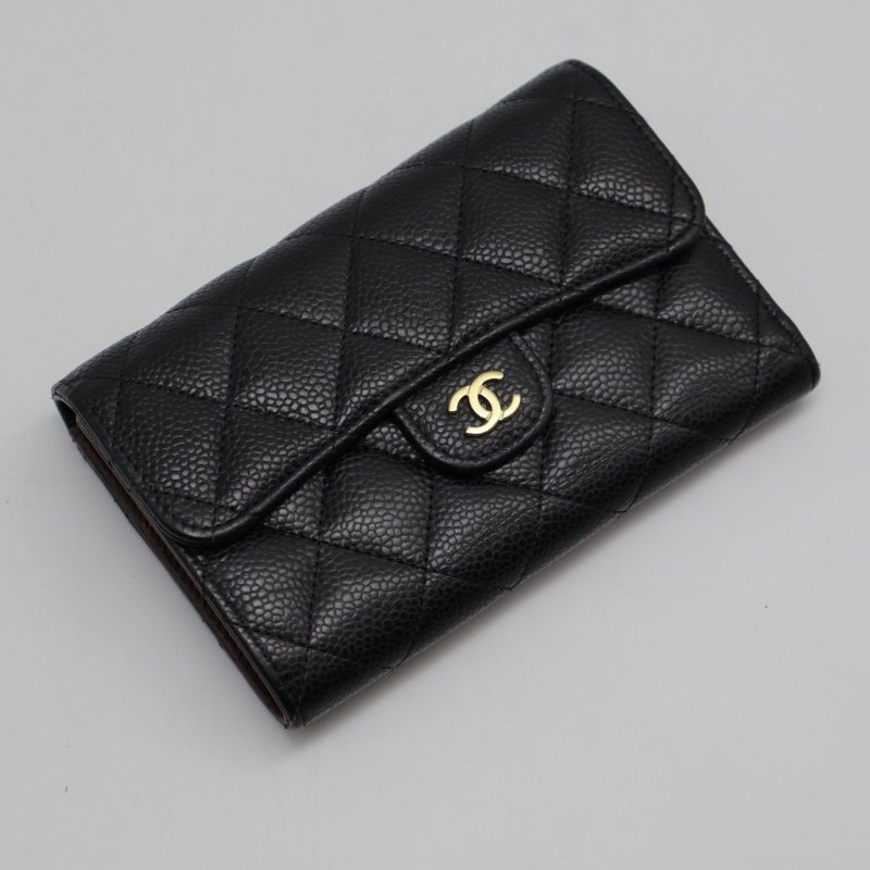 CHANEL 經典粒面牛皮中夾 - 黑金-0