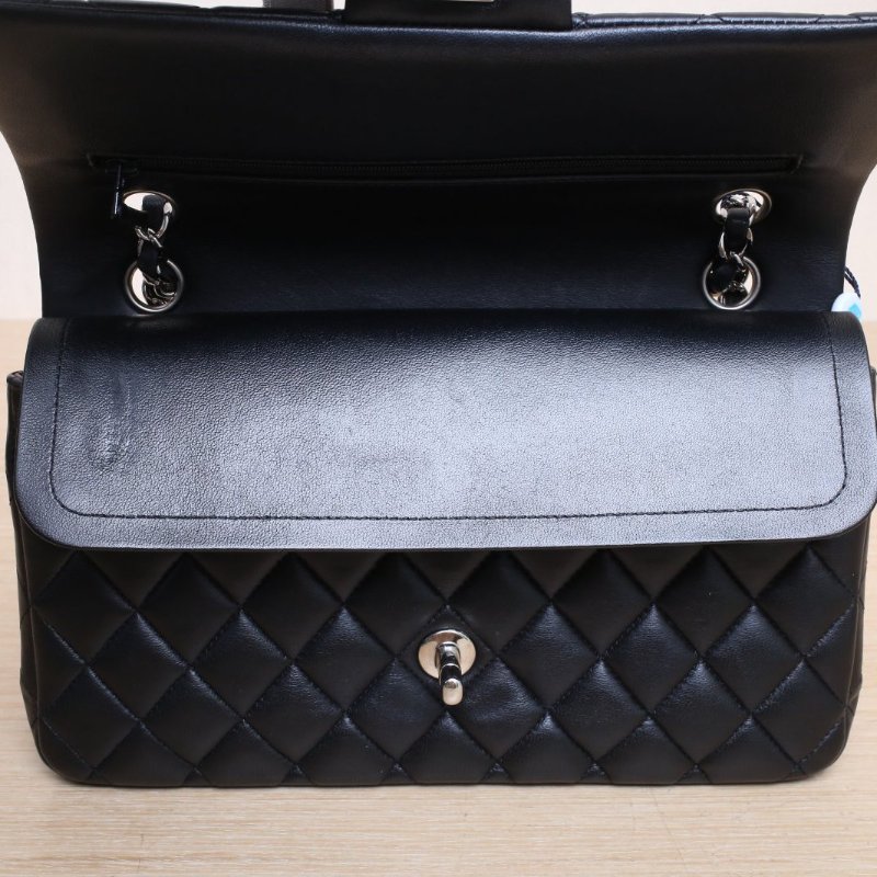 CHANEL CF口蓋包中號25.5黑色羊皮24開銀扣肩背包-2