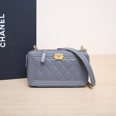 CHANEL 灰色荔枝牛皮鐳射標金扣22Aleboywoc新款鏈條包18肩背包