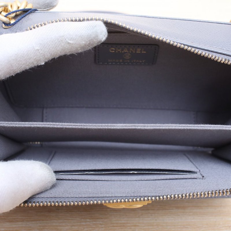 CHANEL 灰色荔枝牛皮鐳射標金扣22Aleboywoc新款鏈條包18肩背包-2