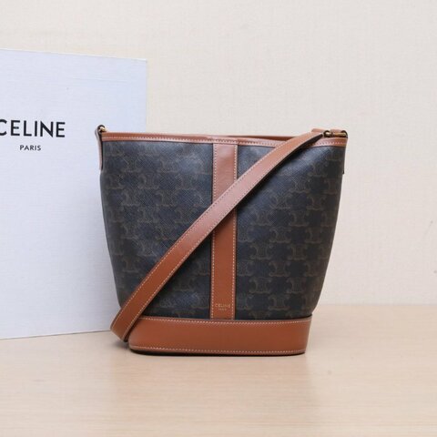 CELINE Triomphe凱旋門標誌印花Canvas水桶包小號18老花PVC金扣肩背包