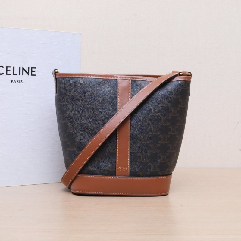 CELINE Triomphe凱旋門標誌印花Canvas水桶包小號18老花PVC金扣肩背包-0