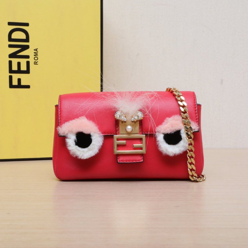 FENDI 紅色羊皮金扣小怪獸nano手提斜挎包肩背包-0