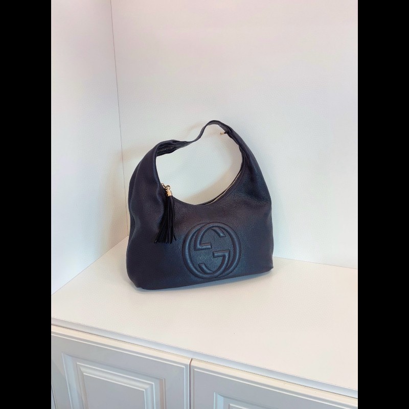 Gucci 黑色全皮soho流蘇Hobo和尚包-0