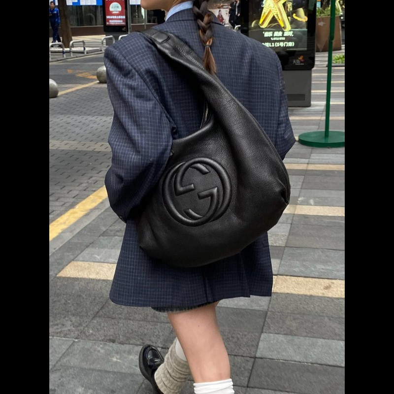 Gucci 黑色全皮soho流蘇Hobo和尚包-7