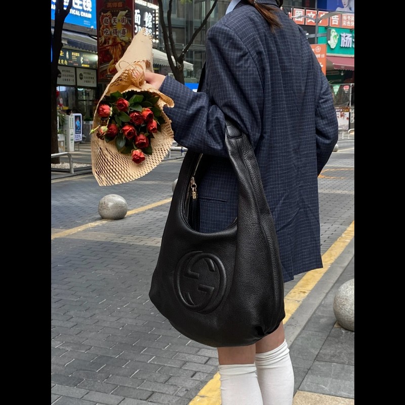 Gucci 黑色全皮soho流蘇Hobo和尚包-8