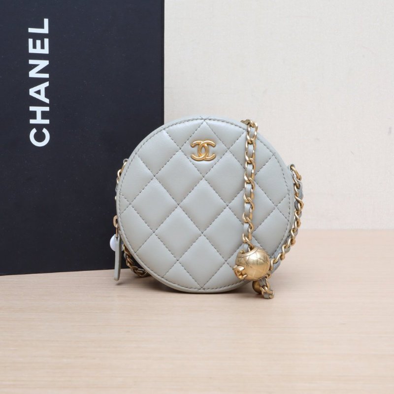 CHANEL 金球金珠圓餅鏈條包灰色羊皮31開金扣肩背包-0