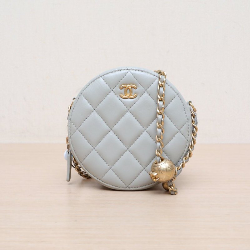 CHANEL 金球金珠圓餅鏈條包灰色羊皮31開金扣肩背包-1