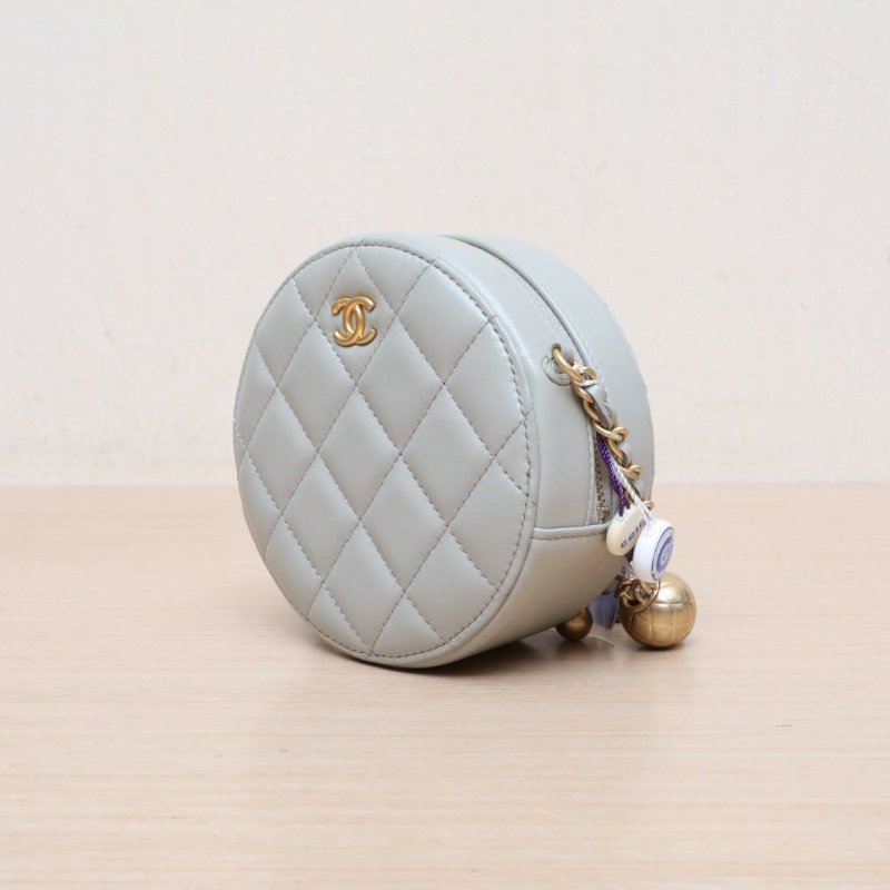 CHANEL 金球金珠圓餅鏈條包灰色羊皮31開金扣肩背包-2