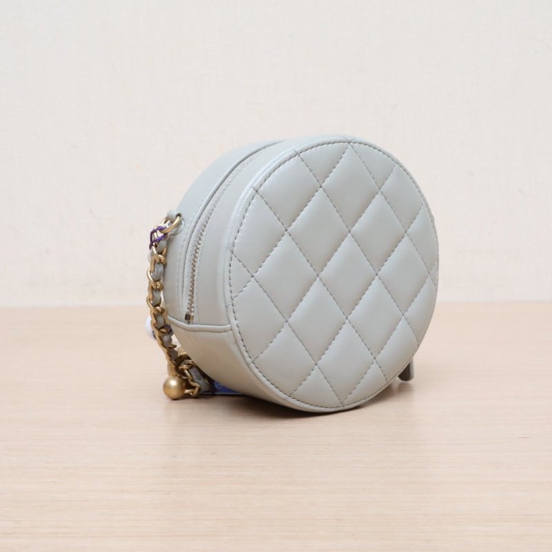 CHANEL 金球金珠圓餅鏈條包灰色羊皮31開金扣肩背包-4