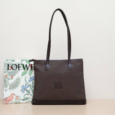 LOEWE 咖啡色牛皮PVC中古狩獵手提豎版托特包/肩背包