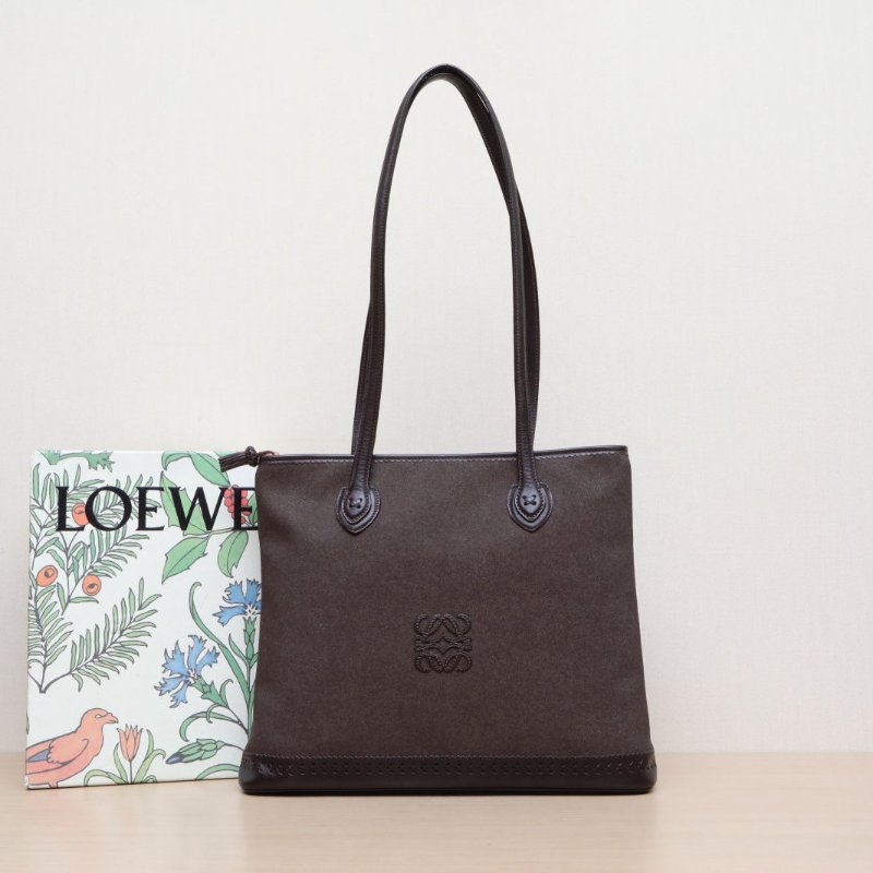 LOEWE 咖啡色牛皮PVC中古狩獵手提豎版托特包/肩背包-0