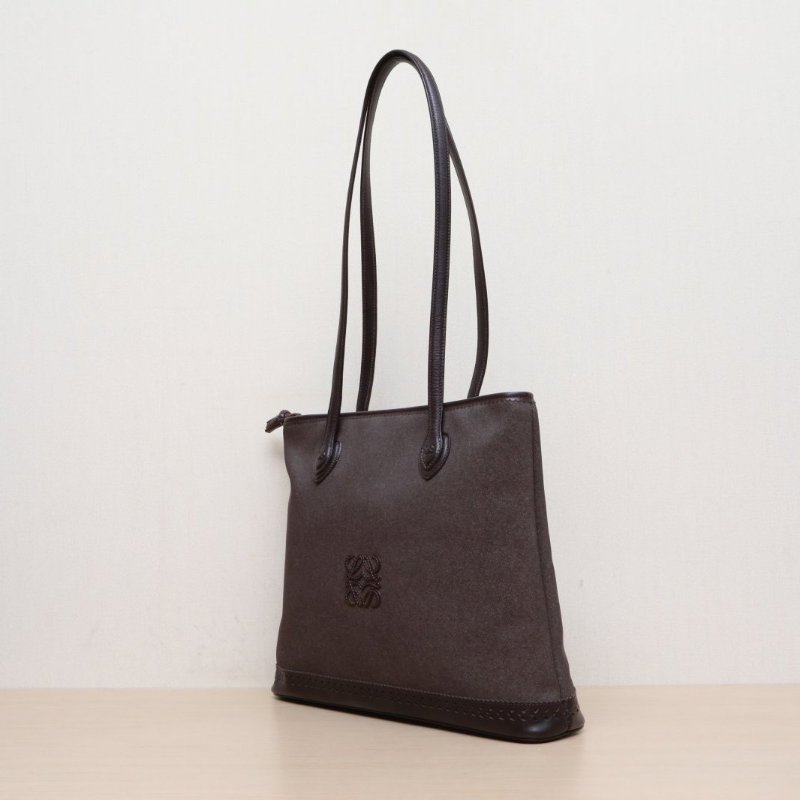 LOEWE 咖啡色牛皮PVC中古狩獵手提豎版托特包/肩背包-3