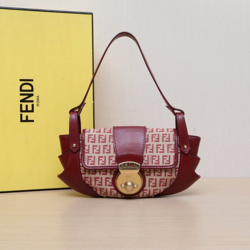FENDI 紅色牛皮帆布金扣中古老花飛碟包腋下包/肩背包-0