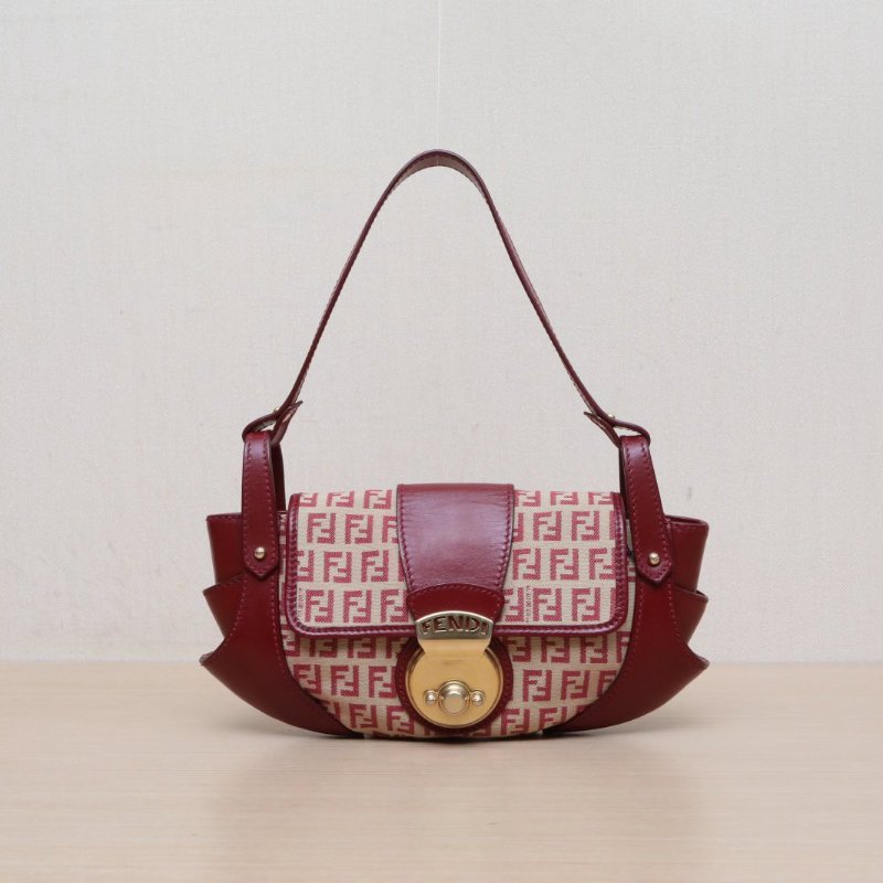 FENDI 紅色牛皮帆布金扣中古老花飛碟包腋下包/肩背包-1
