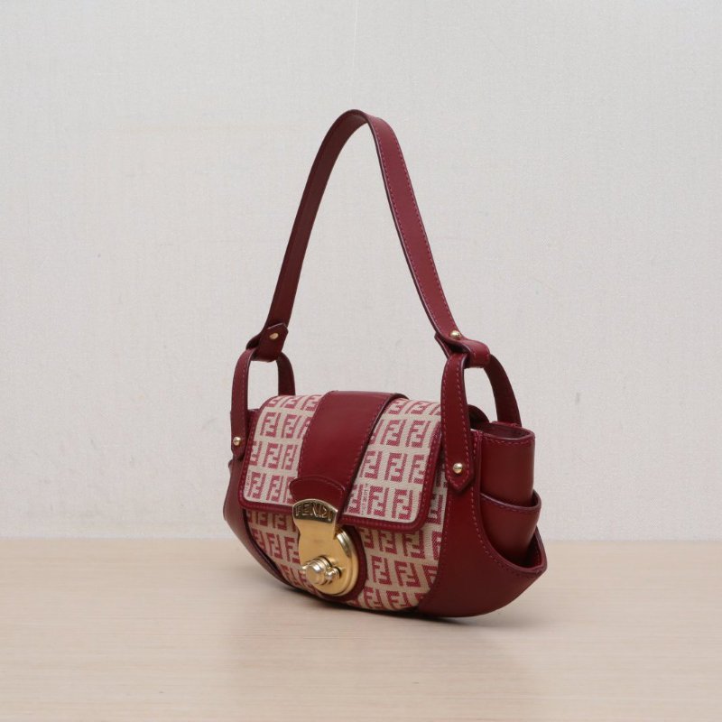 FENDI 紅色牛皮帆布金扣中古老花飛碟包腋下包/肩背包-3