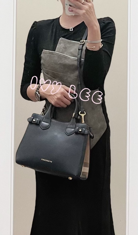 BURBERRY 棉麻拼接皮革 手提包 斜背包 藍色 正品 二手精品-36