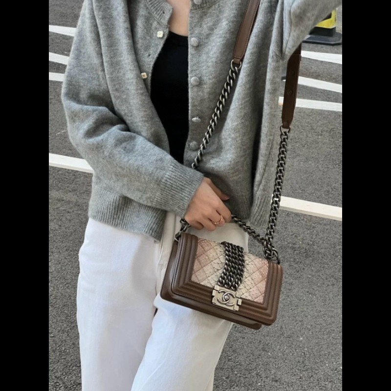 Chanel香奈兒 漸變蛇紋拼棕皮Leboy 小號20cm-1