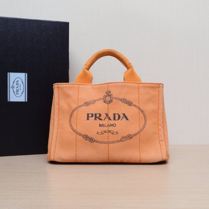 PRADA 沙灘包復古印花小號28帶肩帶橘色帆布肩背包-0