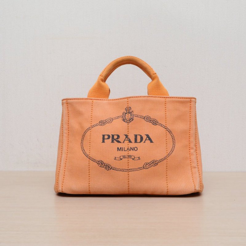 PRADA 沙灘包復古印花小號28帶肩帶橘色帆布肩背包-1