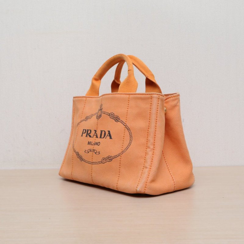 PRADA 沙灘包復古印花小號28帶肩帶橘色帆布肩背包-3