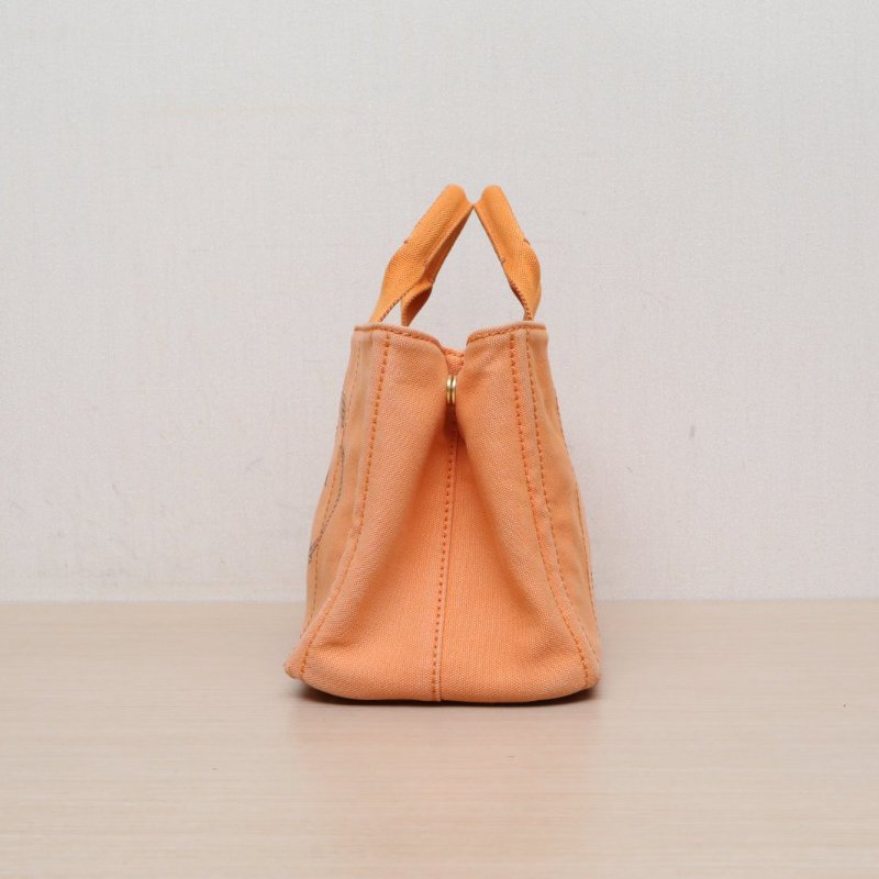 PRADA 沙灘包復古印花小號28帶肩帶橘色帆布肩背包-4