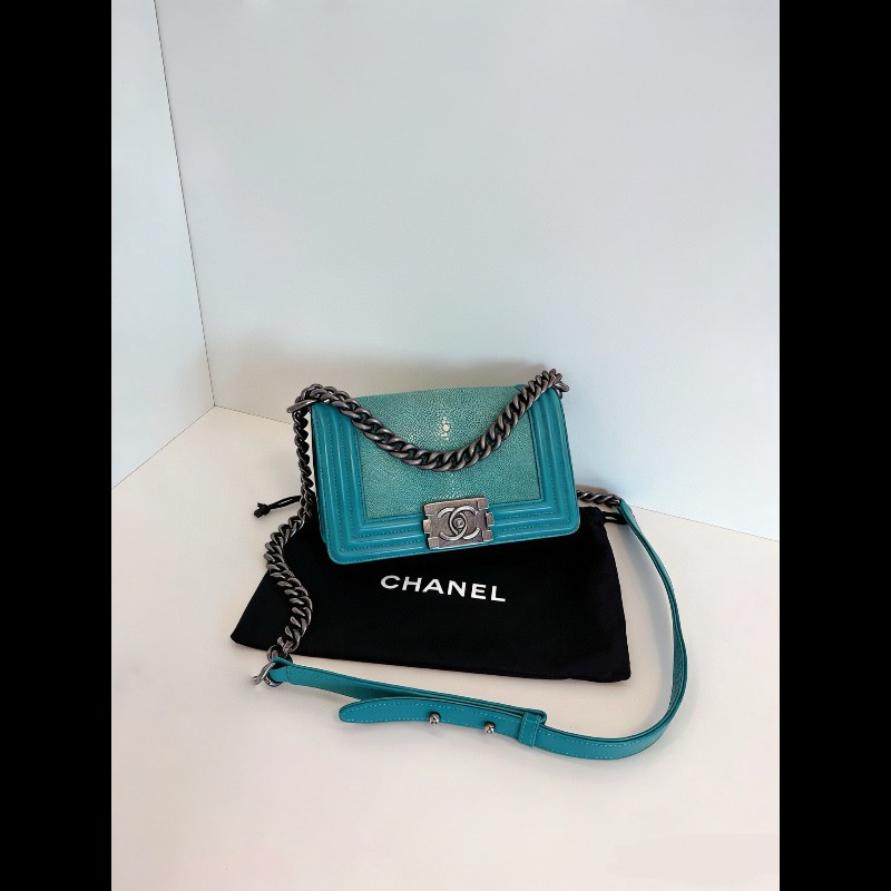 Chanel香奈兒 絕版高公價款 leboy綠色珍珠魚皮做舊銀扣 小號-0