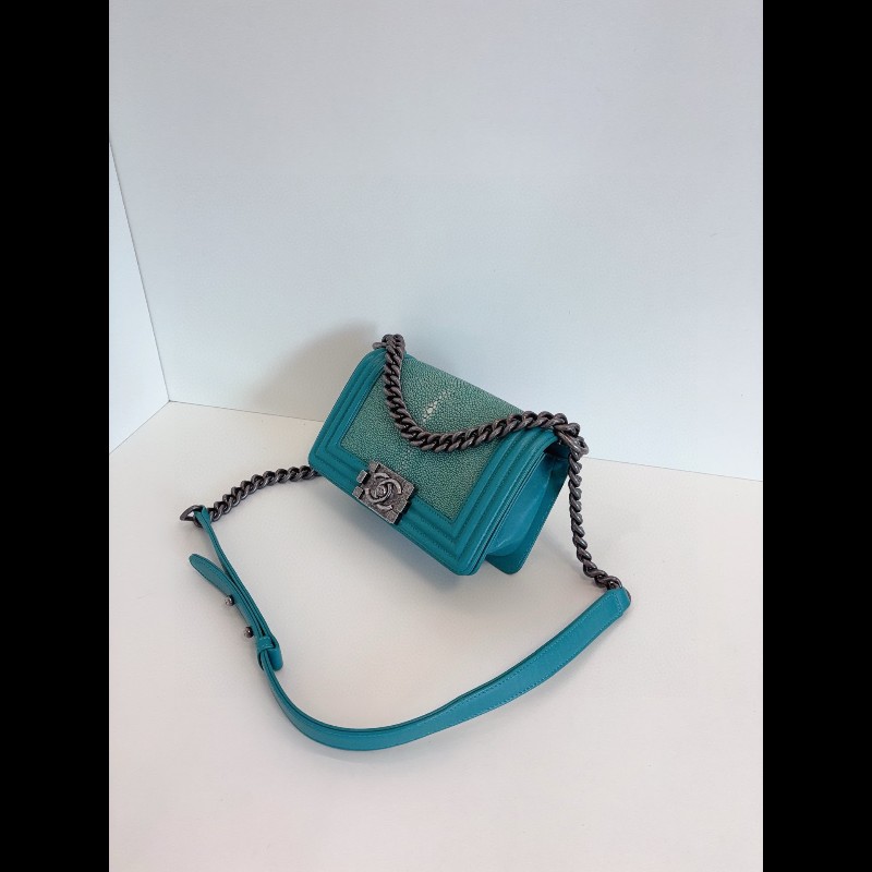 Chanel香奈兒 絕版高公價款 leboy綠色珍珠魚皮做舊銀扣 小號-2