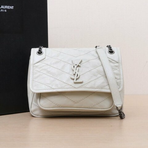 SAINT LAURENT NikiMini21白色牛皮白扣肩背包