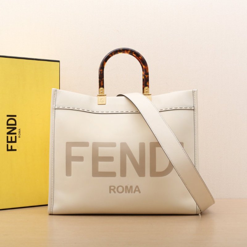 FENDI Sunshine陽光購物手提袋中號米色牛皮肩背包-0