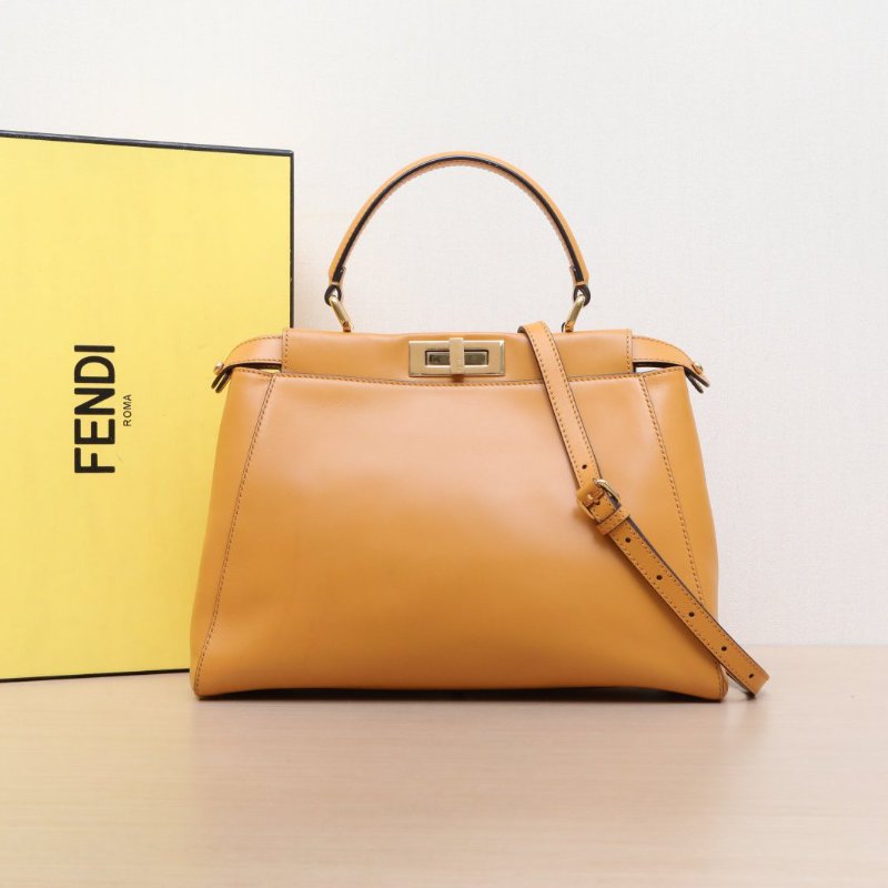 FENDI PEEKABOOREGULAR中號33橙色牛皮金扣肩背包-0