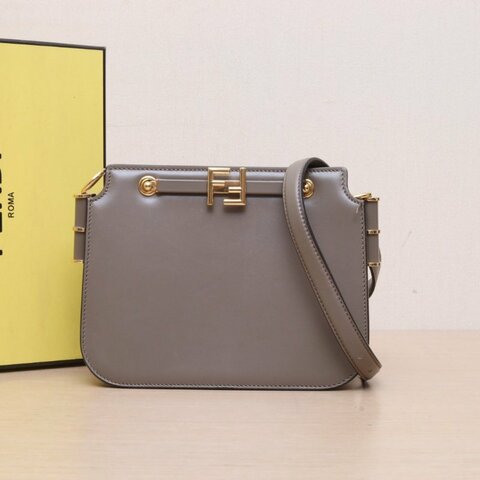 FENDI 灰色牛皮金扣Touch金屬FF扣風琴包肩背包