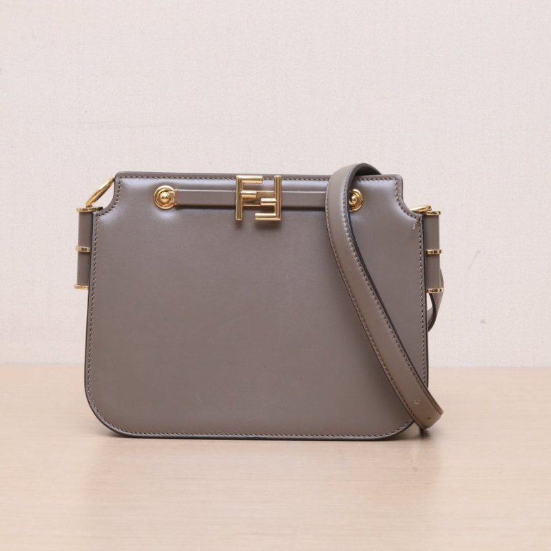 FENDI 灰色牛皮金扣Touch金屬FF扣風琴包肩背包-1