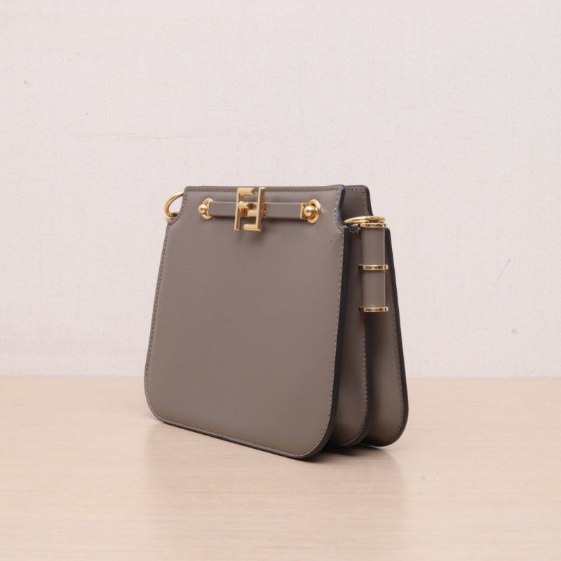FENDI 灰色牛皮金扣Touch金屬FF扣風琴包肩背包-3