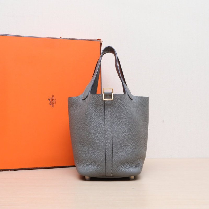 HERMES Picotin18菜籃子0L積雨雲灰TC皮U刻金扣肩背包-0