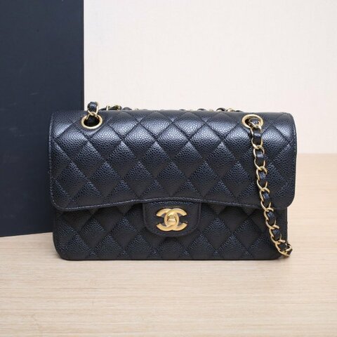 CHANEL CF口蓋包小號23黑色荔枝牛皮晶片開金扣菱格紋肩背包