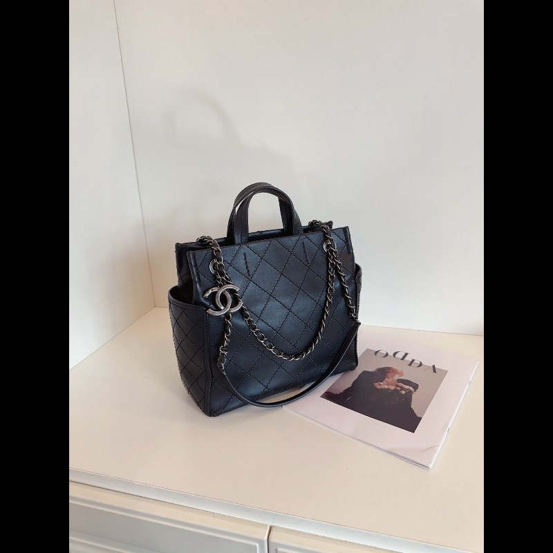 Chanel 黑銀牛皮菱格3way托特包 帥氣雙C大掛墜 小號-4