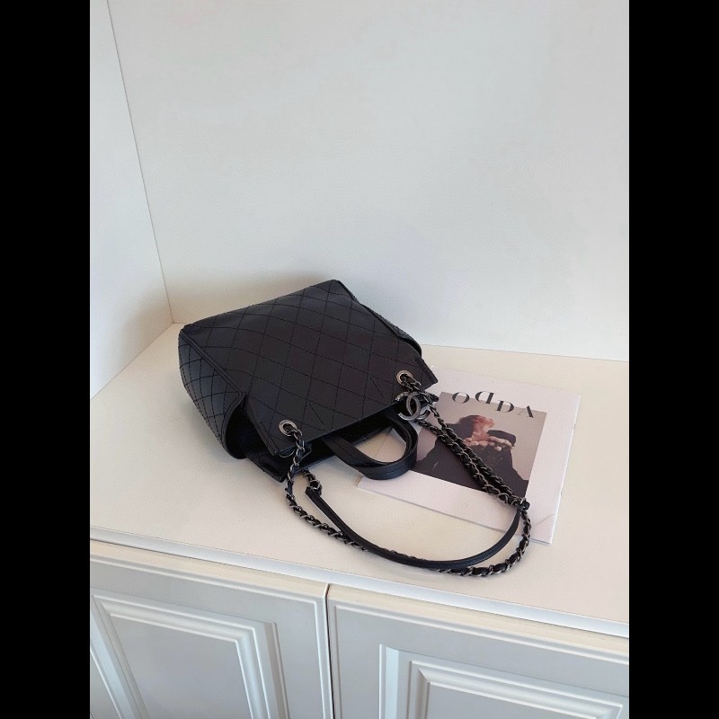 Chanel 黑銀牛皮菱格3way托特包 帥氣雙C大掛墜 小號-5