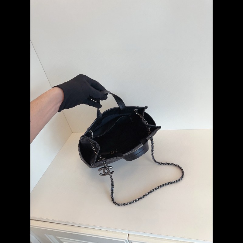 Chanel 黑銀牛皮菱格3way托特包 帥氣雙C大掛墜 小號-8