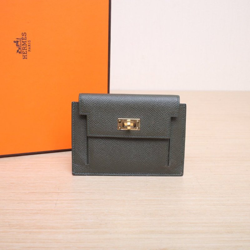 HERMES C6灰綠色Epsom皮Y刻金扣Kellypocket短錢包肩背包-0