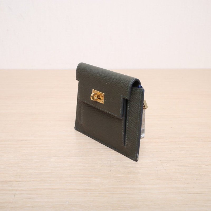 HERMES C6灰綠色Epsom皮Y刻金扣Kellypocket短錢包肩背包-2