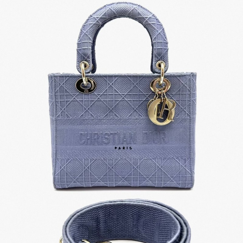 DIOR 五格黛妃藍色藤格紋刺繡帆布金扣手提肩背斜背包 24*21*11 98新配件塵袋-0